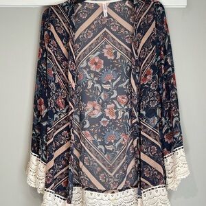 Floral Kimono Cardigan with Lace Trim